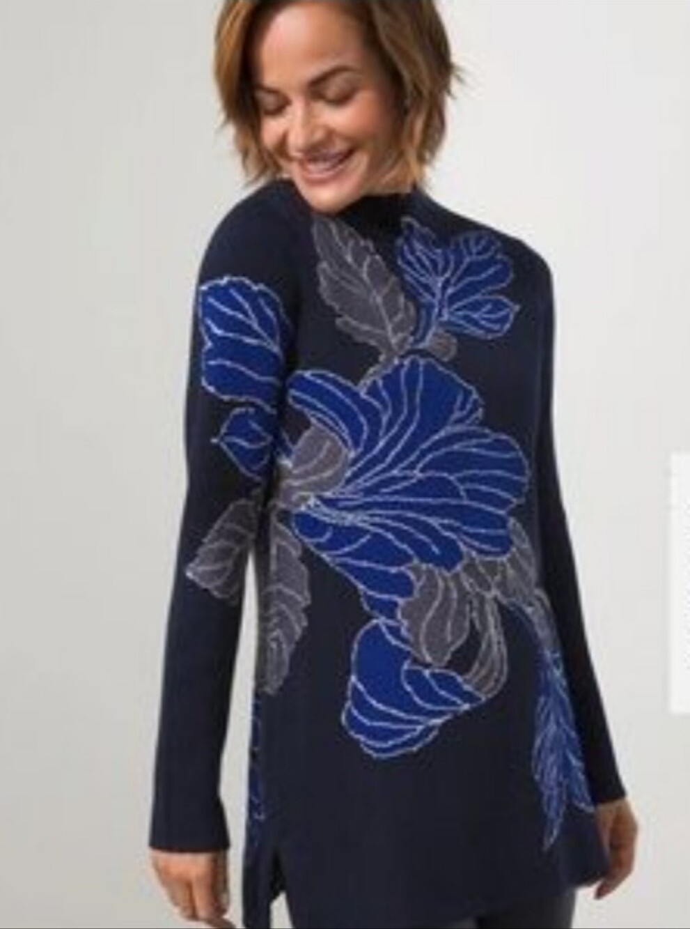Chico's Sweater Women's Navy Blue  Floral 1/4 Zip Back Knit Mock Neck 3 XL